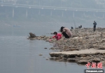 图为一名戴着口罩的小孩在嘉陵江边玩水。　周毅　摄 - 重庆晨网